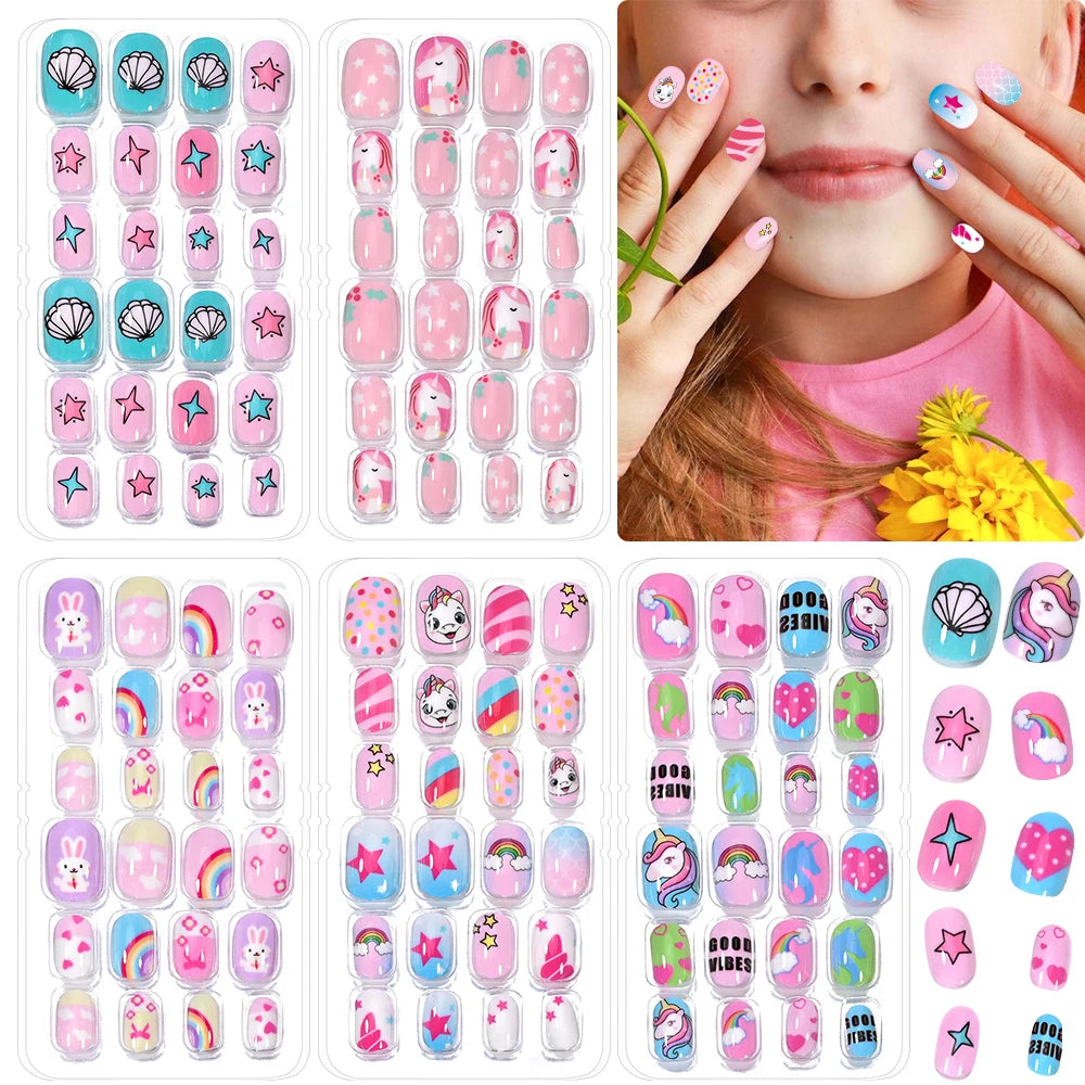 120pcs/box Pink Cartoon Children Press On Nails Candy Color Unicorn Cat Bunny Kids Full Cover False Nail Girls Party Nail Decora.