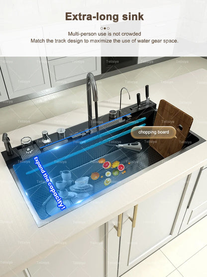 Küchenspüle aus Edelstahl mit Wasserfall, Einzelschüssel, Digitalanzeige, extra großer Schlitz, multifunktionale Waschbecken