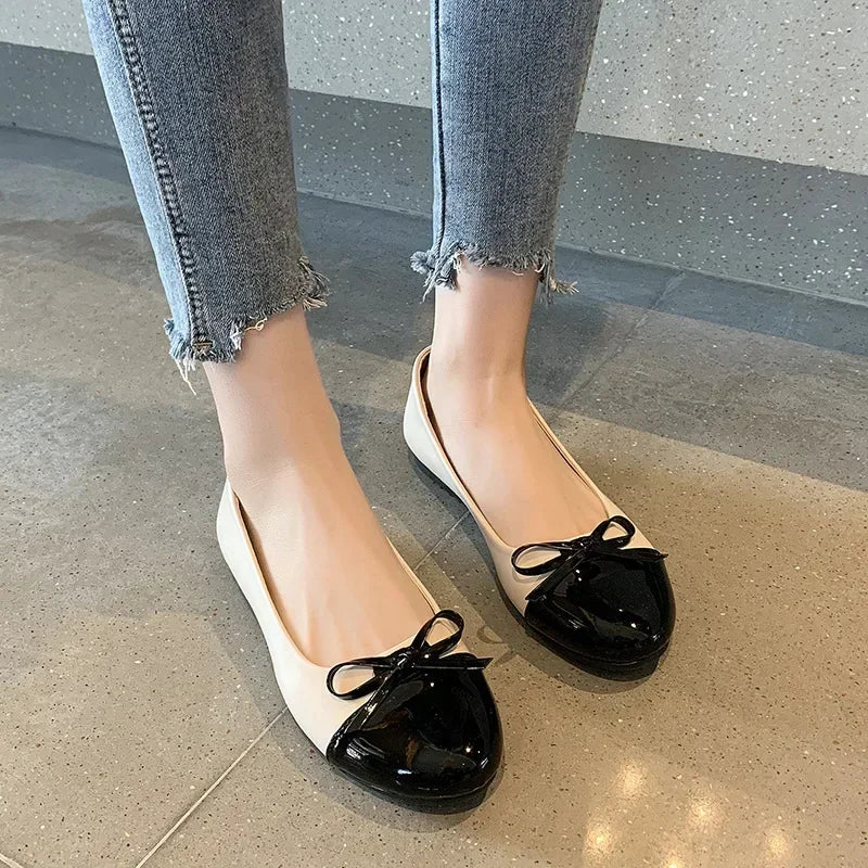 Ballerina Women's Flat Shoes Comfort Non-slip Ladies Loafers Leather Flats Elegant Bowknot Women's Single Shoes Mother's Shoes.