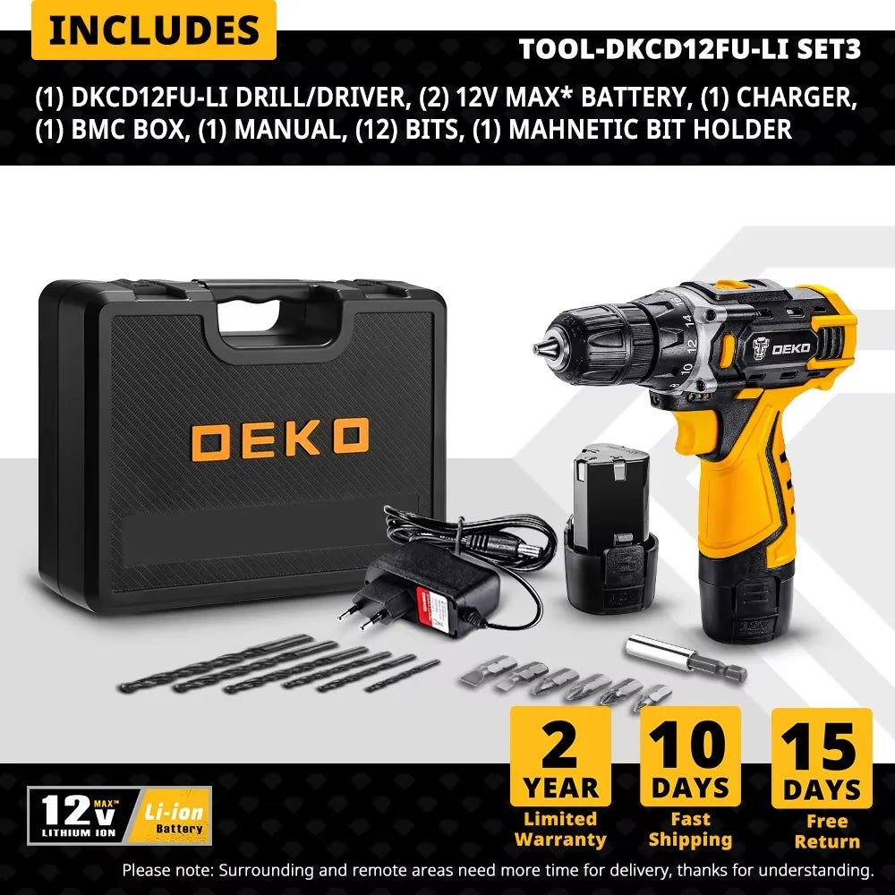 DEKO 12/16/20 V Akku-Bohrschrauber, 2-Gang-Akku, wiederaufladbarer Elektroschrauber, Lithium-Batterie, Kombinationsbox für Elektrowerkzeuge