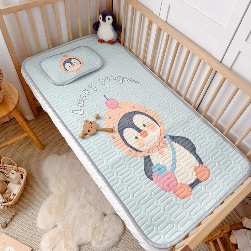 2pcs Cooling Viscose Fiber Latex Mat Set,Summer Bed Sheet Pad with Pillow,Cartoon Penguin Foldable Boy Girl Baby 60*120cm Sheet.