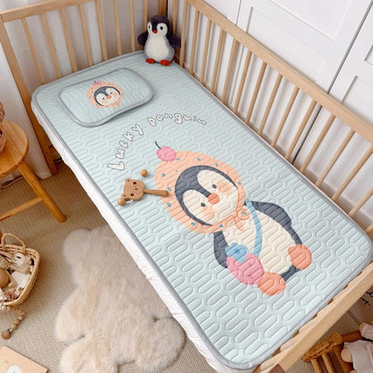 2pcs Cooling Viscose Fiber Latex Mat Set,Summer Bed Sheet Pad with Pillow,Cartoon Penguin Foldable Boy Girl Baby 60*120cm Sheet.