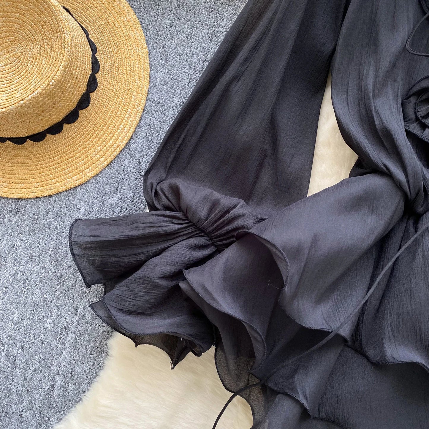 SINGREINY 3D Floral Strand Kurzes Kleid Weibliche Lange Ärmel Spitze Up Rüschen Chiffon Kuchen Sommerkleid Sheer Sexy Vintage Bohemian Kleid.