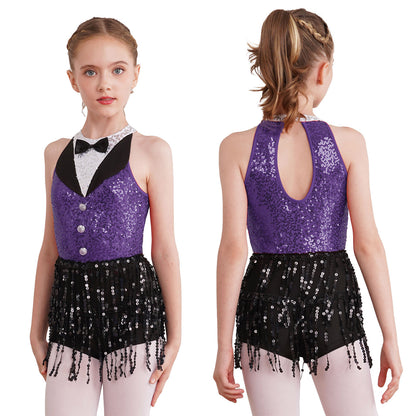 Kind Mädchen Ärmellose Glänzende Pailletten Quaste Boyshorts Kleid Latin Jazz Dance Cha-cha Samba Bühne Leistung Kostüm Dancewear.