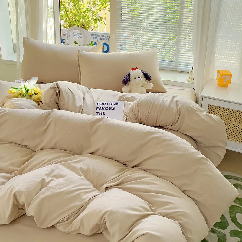 Solid Bed Linen Cotton Bedding Set 4pcs with Sheet Duvet Cover Pillowcases Single Couple Bedsheet Single Couple Twin Size.