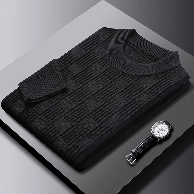 Luxury high-quality round neck exquisite plaid knitted sweater men's autumn and winter new casual warm comfortable pullover