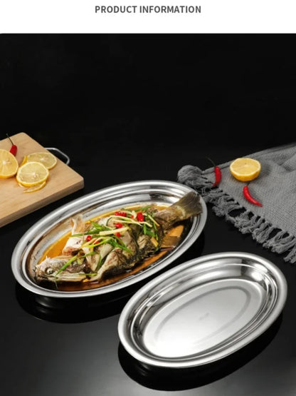 1Pcs 304 Stainless Steel Plate Oval Fish Dish Dinner Dessert Food Sushi Snack Steaming Fruit Dish Household Restaurant Tableware.