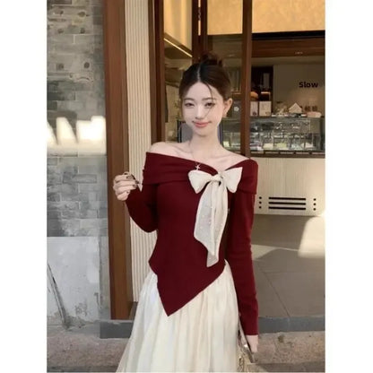 Red One-Shoulder Long-Sleeve Knitted Sweater Women's Spring New Year Slim Fit Short Top Butterfly Knot Decorated Cotton T-shirt