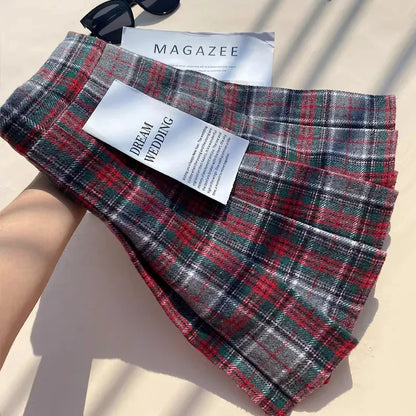 Plaid Woolen Pleated Skirts for Women Fall Winter High Waist Preppy Warm Mini Skirts Lady Fashion Korean All-Match A Line Skirts