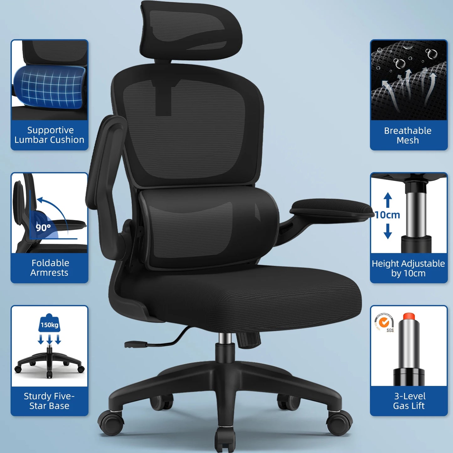 Daccormax Bürostuhl ergonomisch, Schreibtischstuhl, 150 kg Fassungsvermögen, verstellbare Kopfstütze und Armlehnen, Computerstuhl mit Lordosenstütze