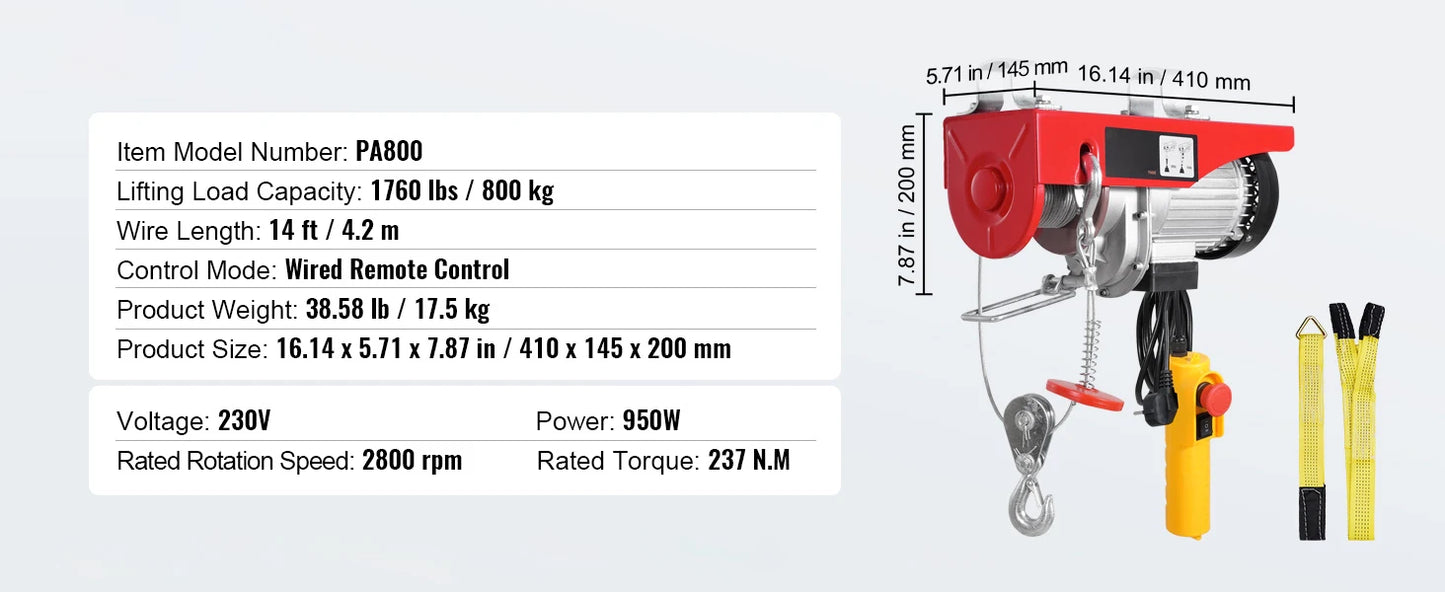 SucceBuy 880/1760/2640lbs Wired Electric Hoist with 40ft Lifting Height & Pure Copper Motor Electric Steel Wire Winch for Garage.