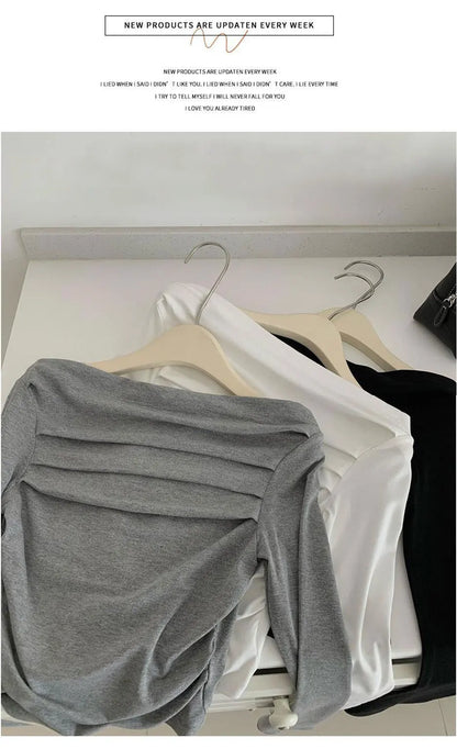 JOEVILU Pleated Off Shoulder Crop Tops Women's Slim Fit Long Sleeve T-shirt Korean Fashion Niche Base Shirt Aesthetic Clothes.