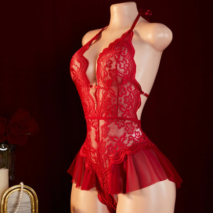 Sexy Lingerie Black Erotic Transparent Lace Underwear Open Crotch Porn Deep V Dress Clothing Sex Babydoll Bodysuit Nightdress.