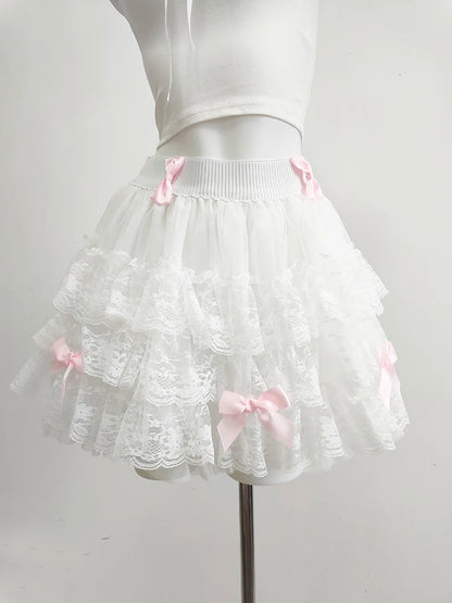 Multilayered Lace Skirts for Sweet Girls Summer Ribbons Bows Decoration Elastic Waist Lolita Style White Skirt Kawaii Clothes.