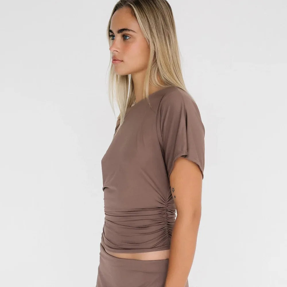 Cryptographic One Shoulder Ruched Asymmetrical Tops for Women Outfits Sexy Short Sleeve Casual Tops Slim T-shirts Summer Clothes