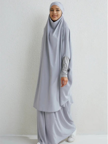 Muslim Sets Two Pieces Prayer Clothing Long Hooded Smocking Sleeve Shirts Hijab Loose Maxi Skirts Elastic Waist Women Abaya Sets