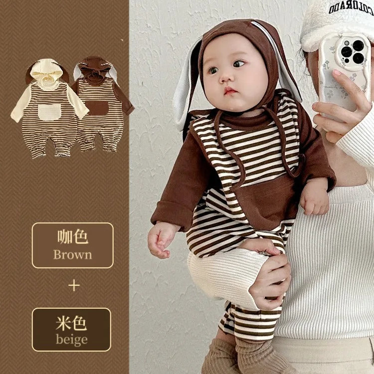 Ins 2024 Frühling Herbst Baby Jungen Bodysuit Baumwolle gestreiften Cartoon gedruckt Langarm Kleinkind Jungen Stram pler Neugeborene Jungen Outfits.