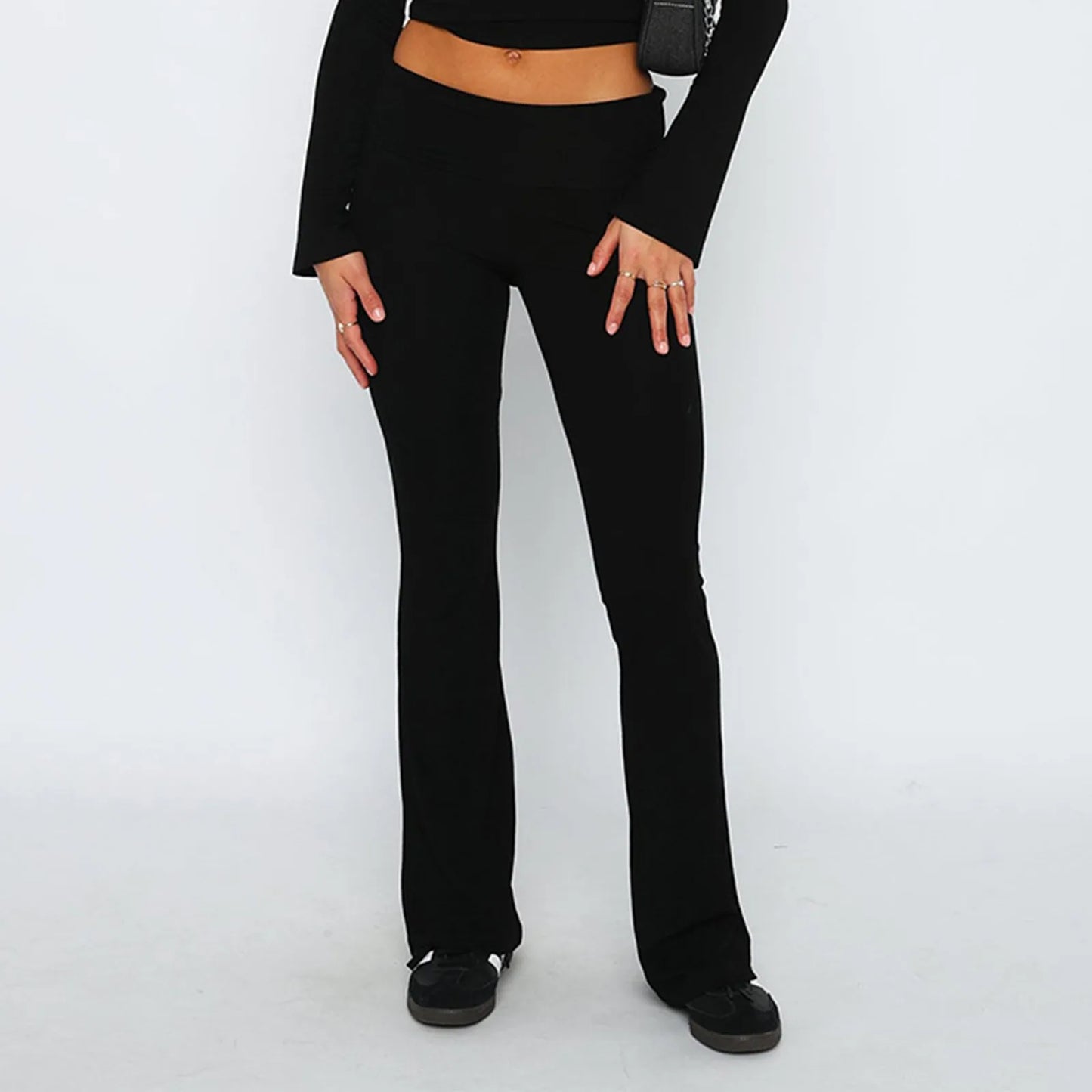 Damenmode, einfarbig, schmale Passform, schmale Reverse-Taille, niedrige Taille, elastische Taille, Schlaghose, Hose für Damen, Damenhose 2024