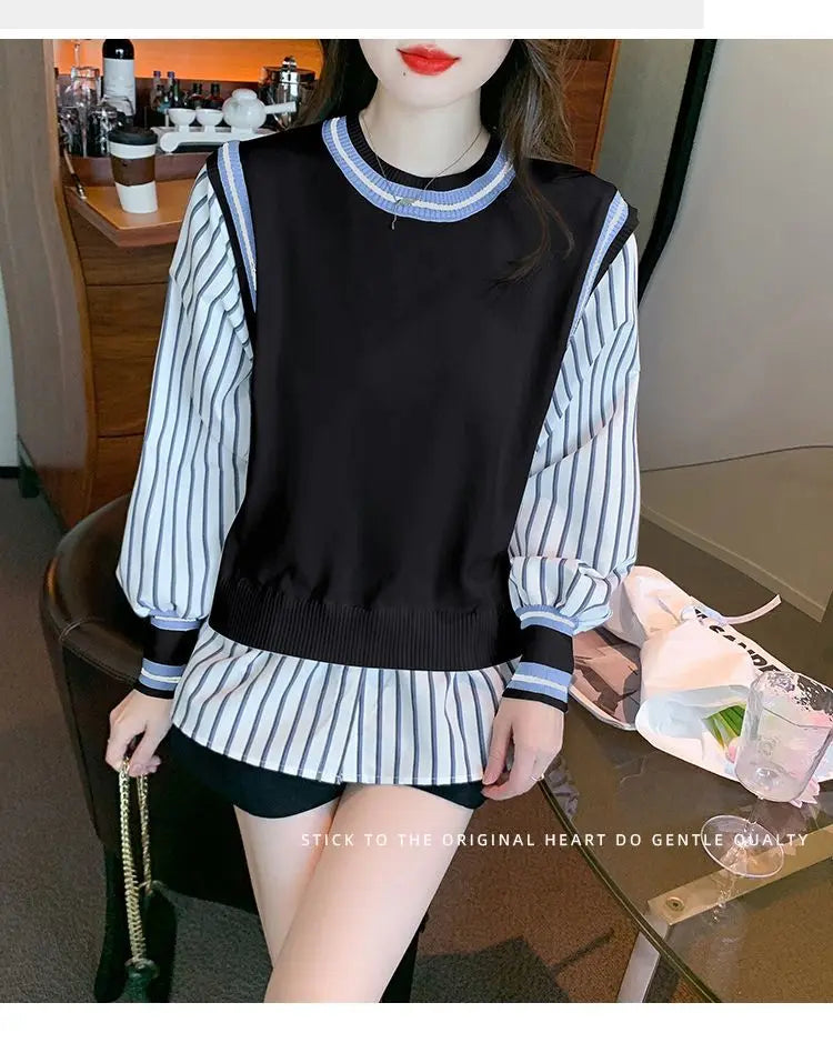 Autumn Preppy Style Patchwork O-neck Fake Two Pieces Top Tee Female Casual Striped Long Sleeve Sweatshirts Women Clothes Tshirt