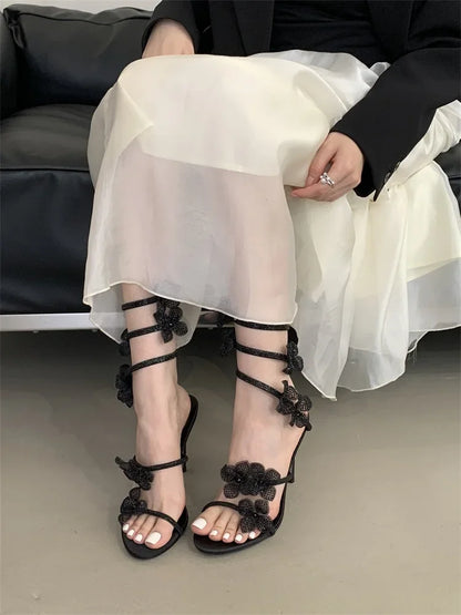 Aneikeh Street Style CRYSTAL Narrow Band Thin High Heels Women Sandals 2026 Summer Open Toe Ankle Strap Female Shoes.