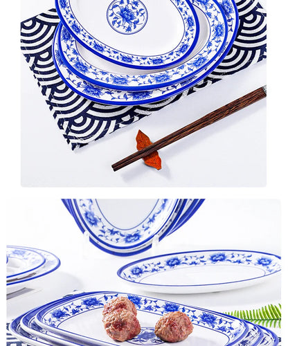 Melamine Chinese Style Blue and White Porcelain Tableware Creative Oval Dinner Plate.