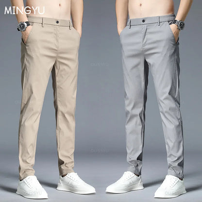 Spring Summer Casual Pants Men Thin Stretch Slim Fit Elastic Waist Business Classic Korean Trousers Male Khaki Gray 38.