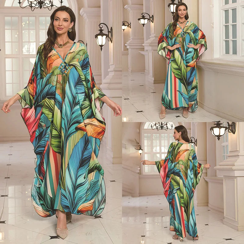Kaftan-Kleider für Damen, Wellenhals-Badeanzug, Überwurf, Kaftan-Kleid, Übergröße, übergroßes langes Strandkleid