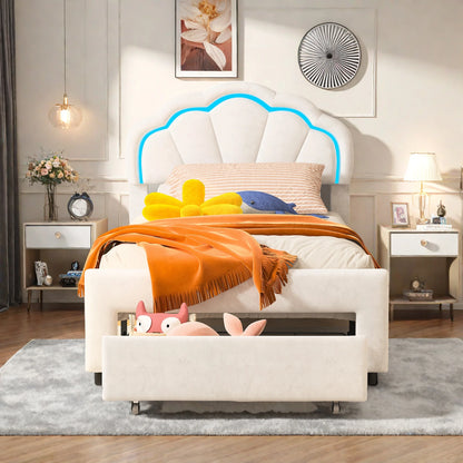 Rosahqnda gepolsterter Bettrahmen mit blumenförmigem Kopfteil, Bettrahmen, Einzelbett, Blütenblattbett, Jugendbett für Jungen und Mädchen