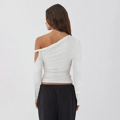 Autumn Asymmetric Single Shoulder Long Sleeve Pleated Solid Color New Style YTP Women's Top Asymmetrical Neckline T-shirt.