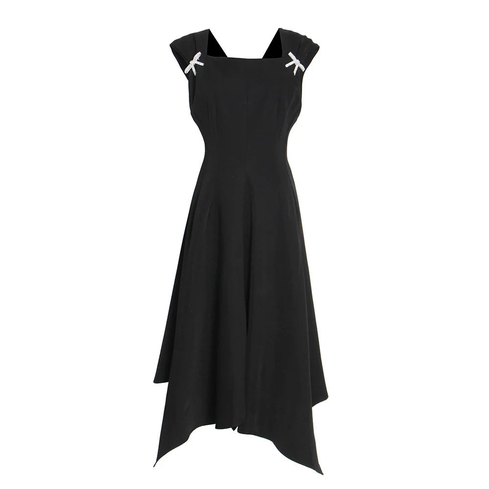 TWOTWINSTYLE Elegante Schwarz Kleid Für Frauen Quadrat Kragen Ärmellose Hohe Taille Solide Patchwork Bowknot Midi Kleider Weiblichen Stil