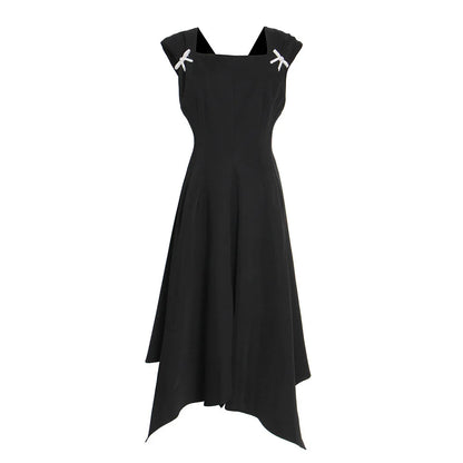 TWOTWINSTYLE Elegante Schwarz Kleid Für Frauen Quadrat Kragen Ärmellose Hohe Taille Solide Patchwork Bowknot Midi Kleider Weiblichen Stil
