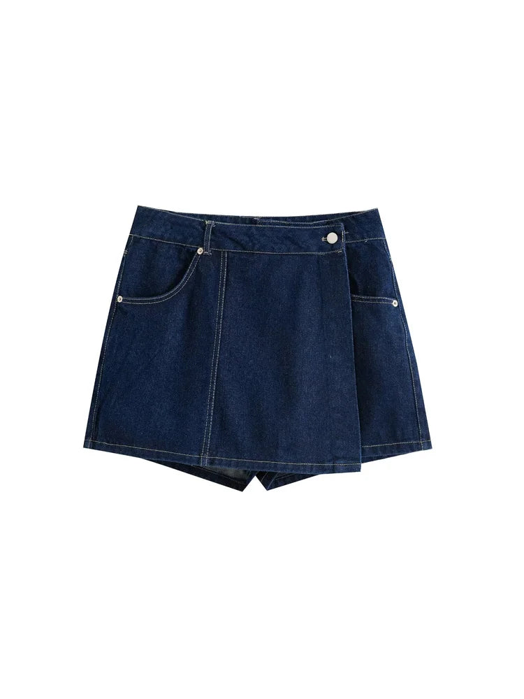 Women Fashion With Pockets Wrap Denim Shorts Skirts High Waist Zipper Fly Female Skort Mujer.