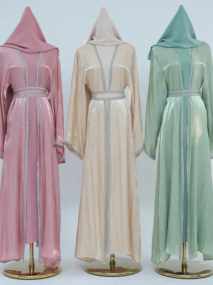 Muslim Abaya for Women Eid Dress 2 Piece Set Diamond Morocco Ramadan Lace-up Abayas Kaftan Islam Cardigan Dubai Arab Long Robe.