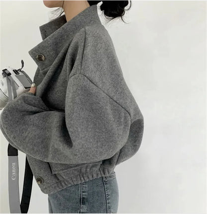 Korean Fashion Herbst Winter Mantel Frauen Neue In Stehen Neck Feste Taste Lose Jacke Dame Casual Straße Outwear Vintage Kleidung.