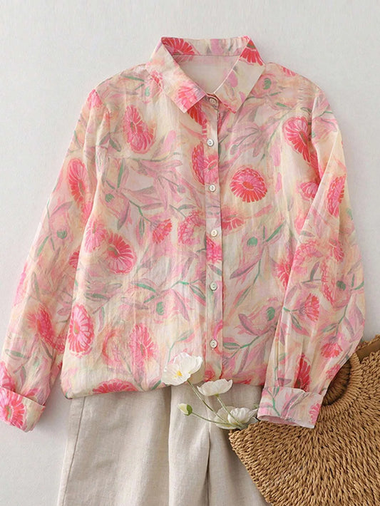 Ladies long sleeve shirt new style floral pattern shirt French style simple daily button casual women's top.