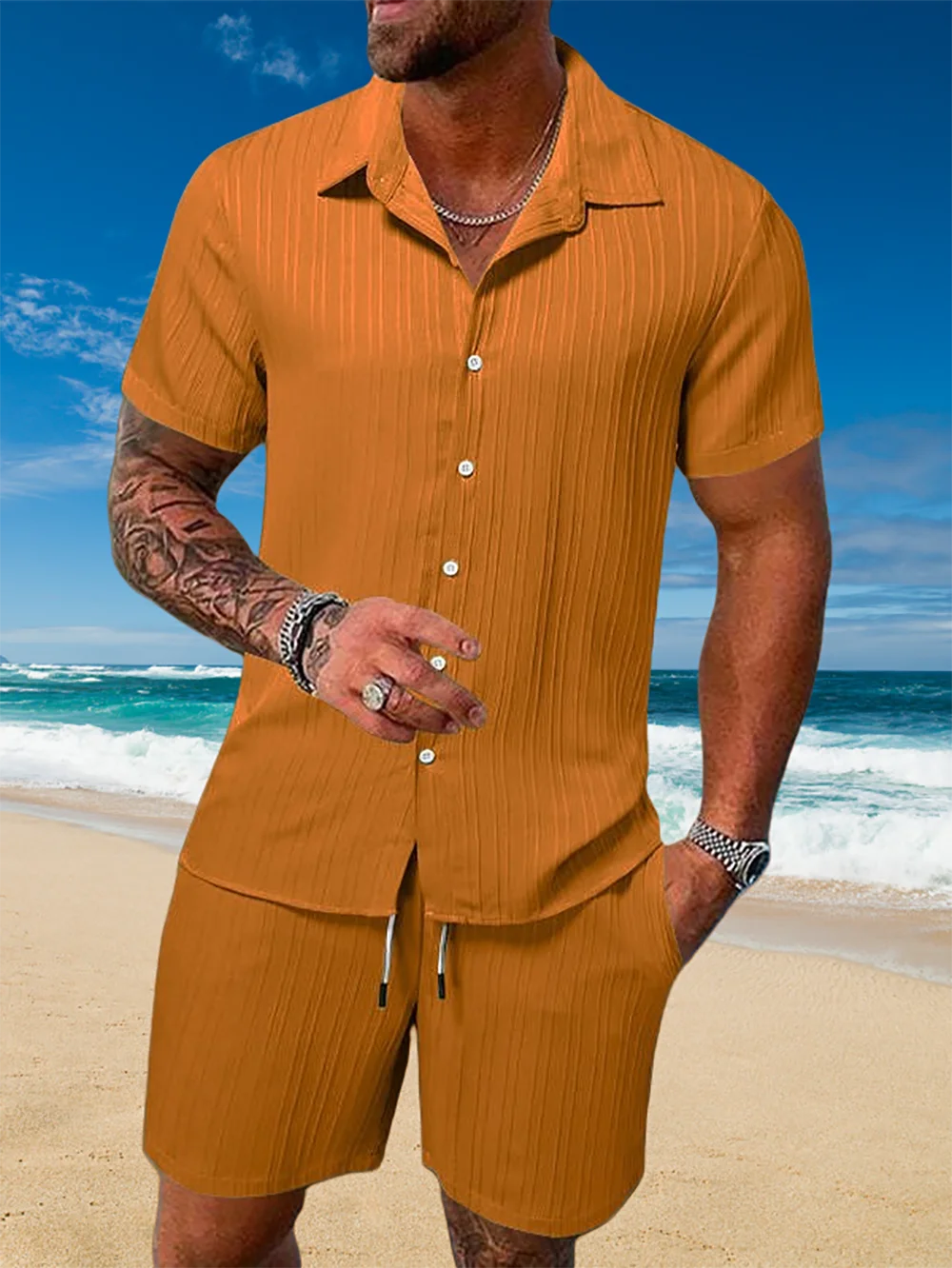 Ice Silk Cool Summer Men's Solid Color Polo Casual Loose Short Sleeve Shorts Sport Set Beach Surfing Ultra-thin Ultra Light