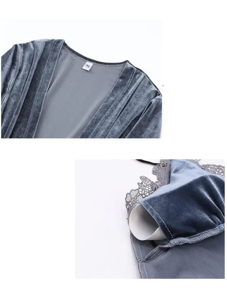 Autumn Velvet Women 4PCS Pajamas Set Sleepwear Burgundy Velour Bathrobe Nightwear Lace Patchwork Pijamas Suit Sexy Negligee.