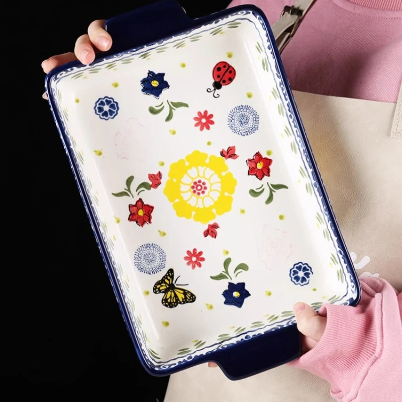 Rectangular/elliptical Double Ear Plate Cheese Baked Rice Tray Ceramic Baking Tray Oven Household Large Square Plate Tableware.