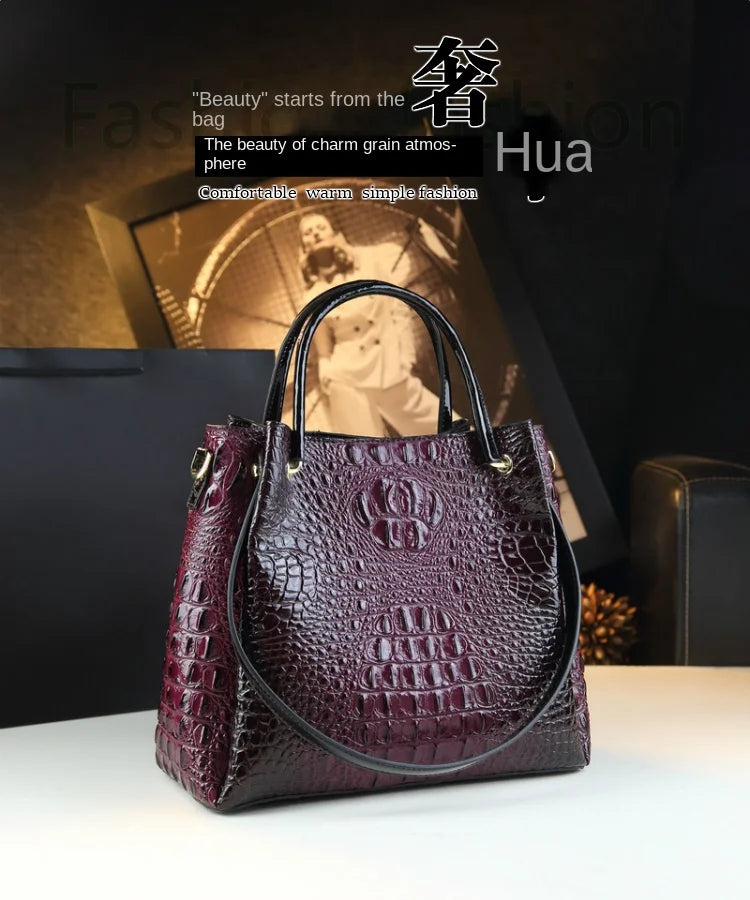 Genuine Leather Women Handbags New Tote Bag Fashion Crocodile Print Bucket Bag Retro Shoulder Messenger Bags Trend 2025.