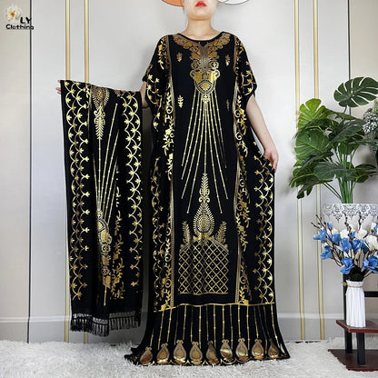 2023 New Muslim Summer Short Sleeve Robe Gold Stamping Boubou Maxi Women Femme Loose Dress With Big Scarf African Abaya Clothes