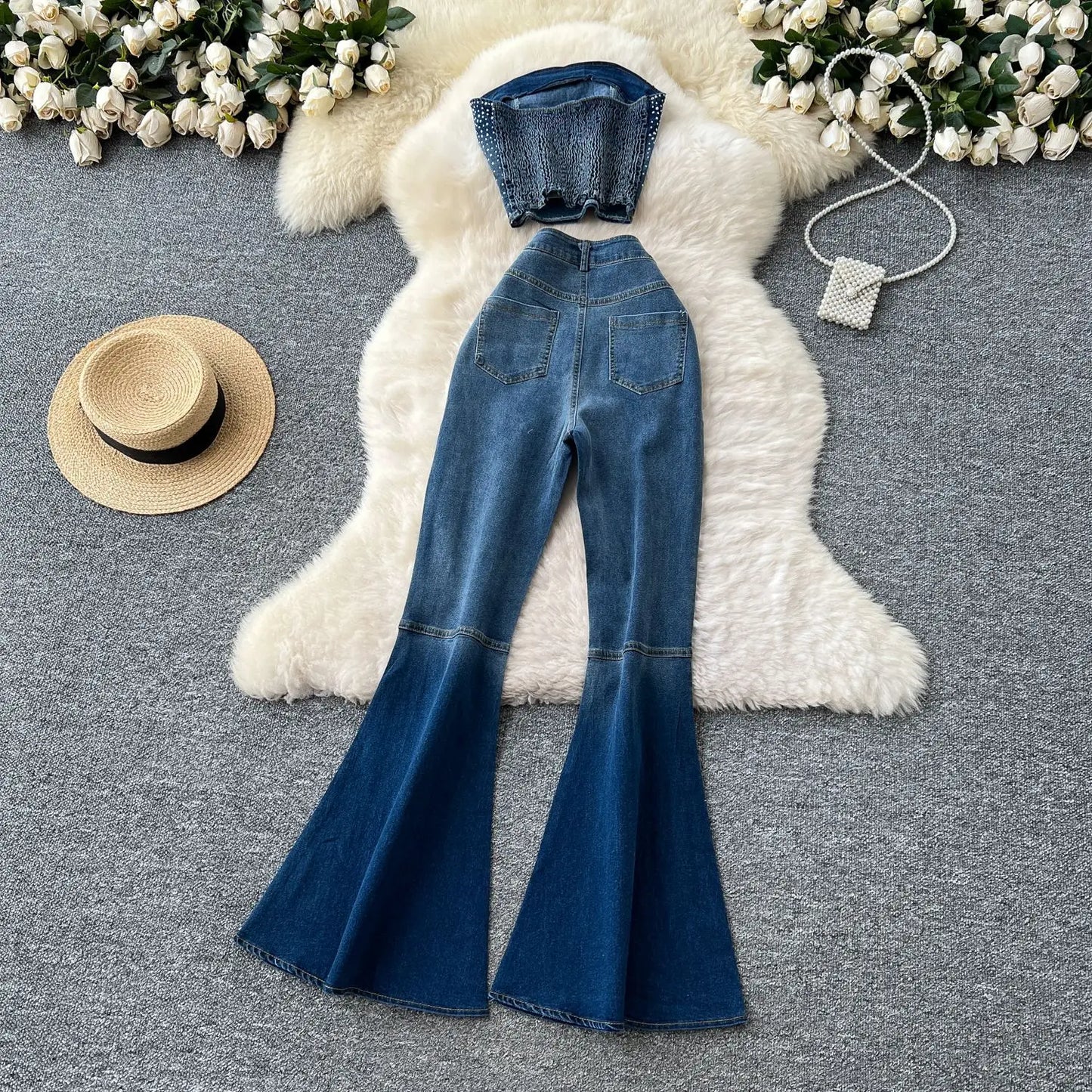 Denim Pant Set Women Two Piece Sets Sexy Matching Sets Sleeveless Short Tops Long Flare Pants High Waist Slim Hot Diamond.