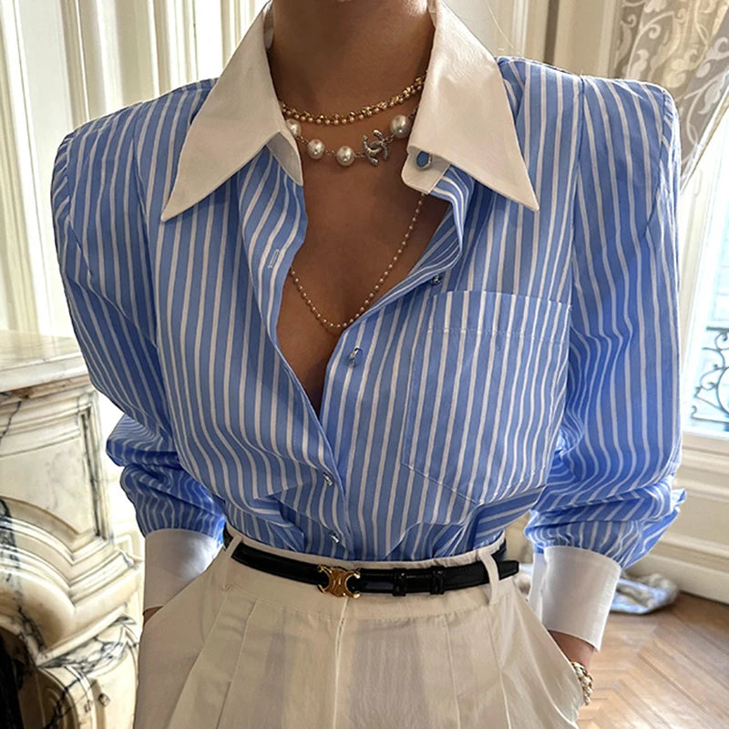 Jmprs Elegant Women Shirts Korean Striped Red Fashion Turn Down Collar Office Ladies Tops Long Sleeve Causal Female Blouse.