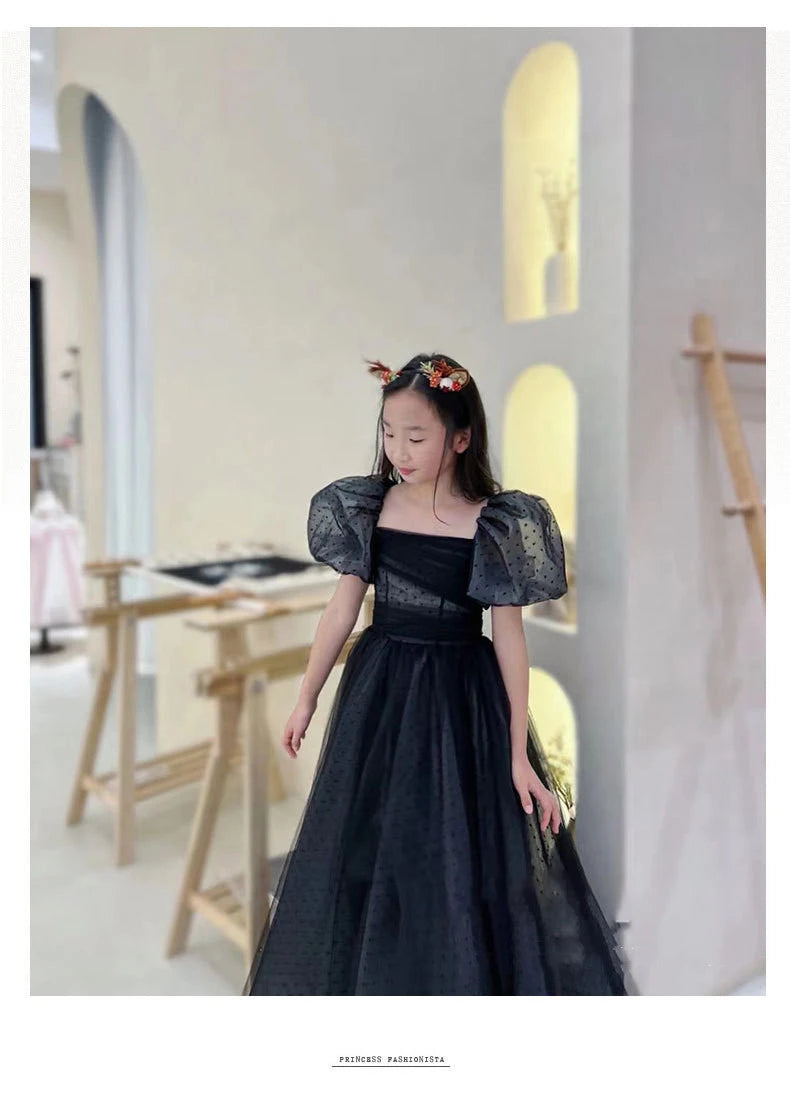 Mädchen Abendkleid für Kinder Elegante Schwarz Vintage Puff Hülse Kleider Teenages Party Kleider Kinder Violine Leistung Vestidos.