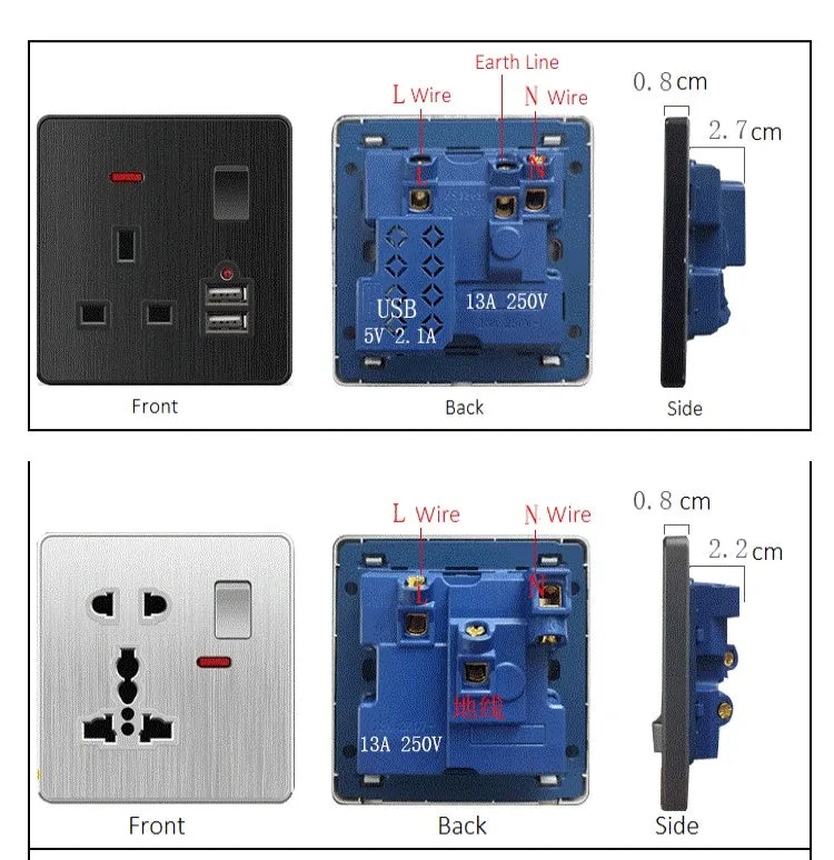 Große Neigungssteckdose im nordischen Stil, grau, 13 A, elektrische Schaltersteckdose nach britischem Standard, universelle Wand-Doppelsteckdose mit USB-Anschluss 2,1 A.