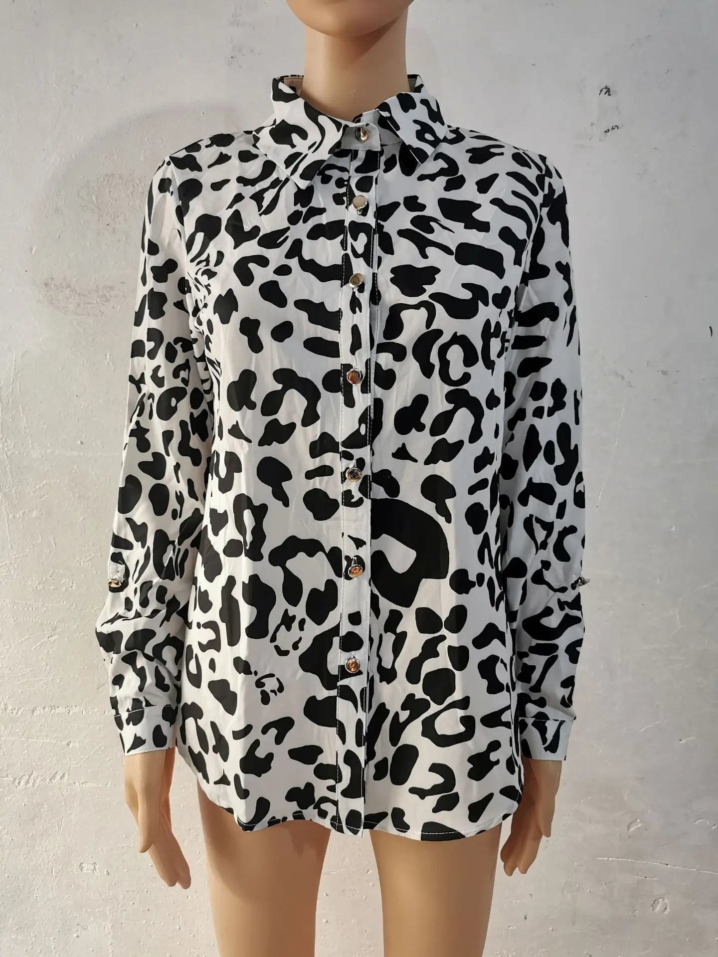 Blue Women's Long-sleeved Shirt, Single-breasted Collar Commuter Shirts, White and Black Slim-fit Top.