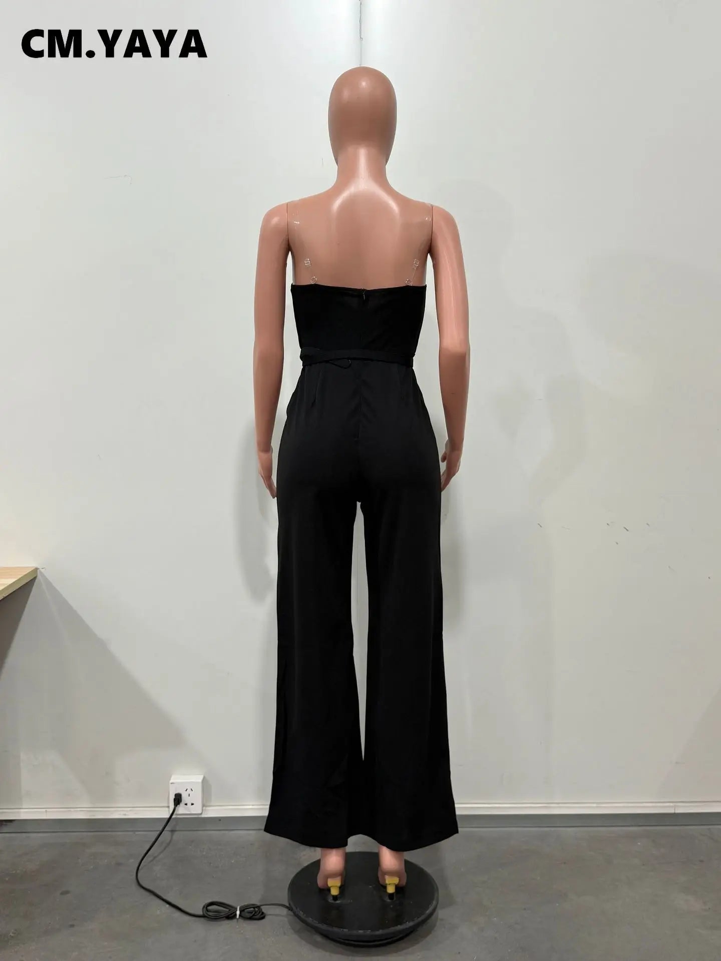 CM.YAYA Women Wide Leg Strapless V-neck Sleeveless Jumpsuits 2025 Summer OL Beach Night Club Party Street One Piece Suit Romper.