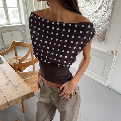 Women Summer Off One Shoulder Tops Sleeveless Slash Neck Dotted Contrast Color Lace-up Backless Slim Crop T-Shirts.