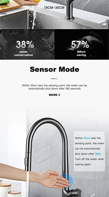 Modern style gun gray pull-out kitchen faucet with 1 handle for hot&cold water intelligent sensing and 2 functions for sink Tap