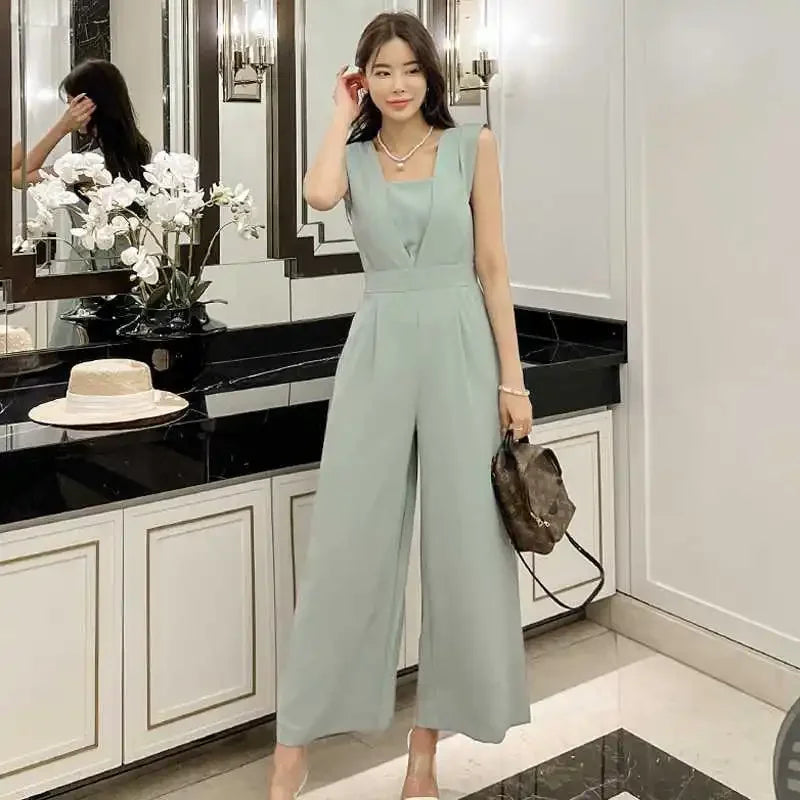 Slimming High Waist Wide Leg Pants Korean Style Fashionable Women's One-Piece Jumpsuit Summer New Arrival Simple Elegant.