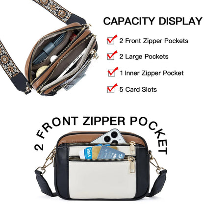 Stylish Wide Strap Shoulder Bag Women's Multiple Pockets Faux Leather Crossbody Bags Adjustable Strap  Travel Handbag Purse.